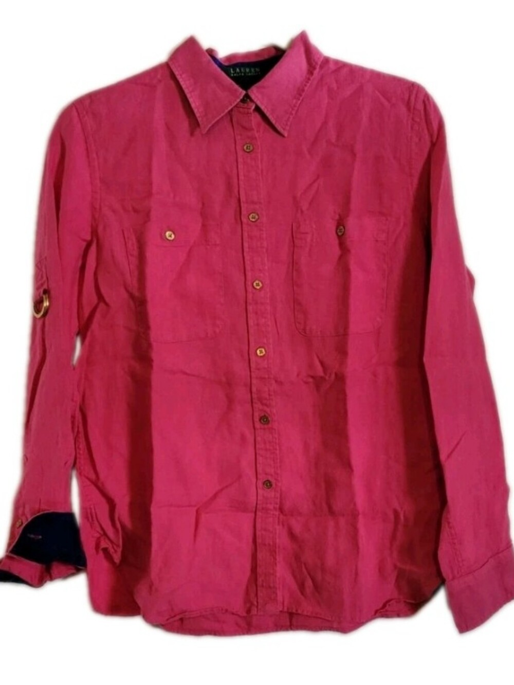 LAUREN Ralph Lauren 100% Linen Button Up Blouse Shirt Top D Ring Roll Tab Sleeve